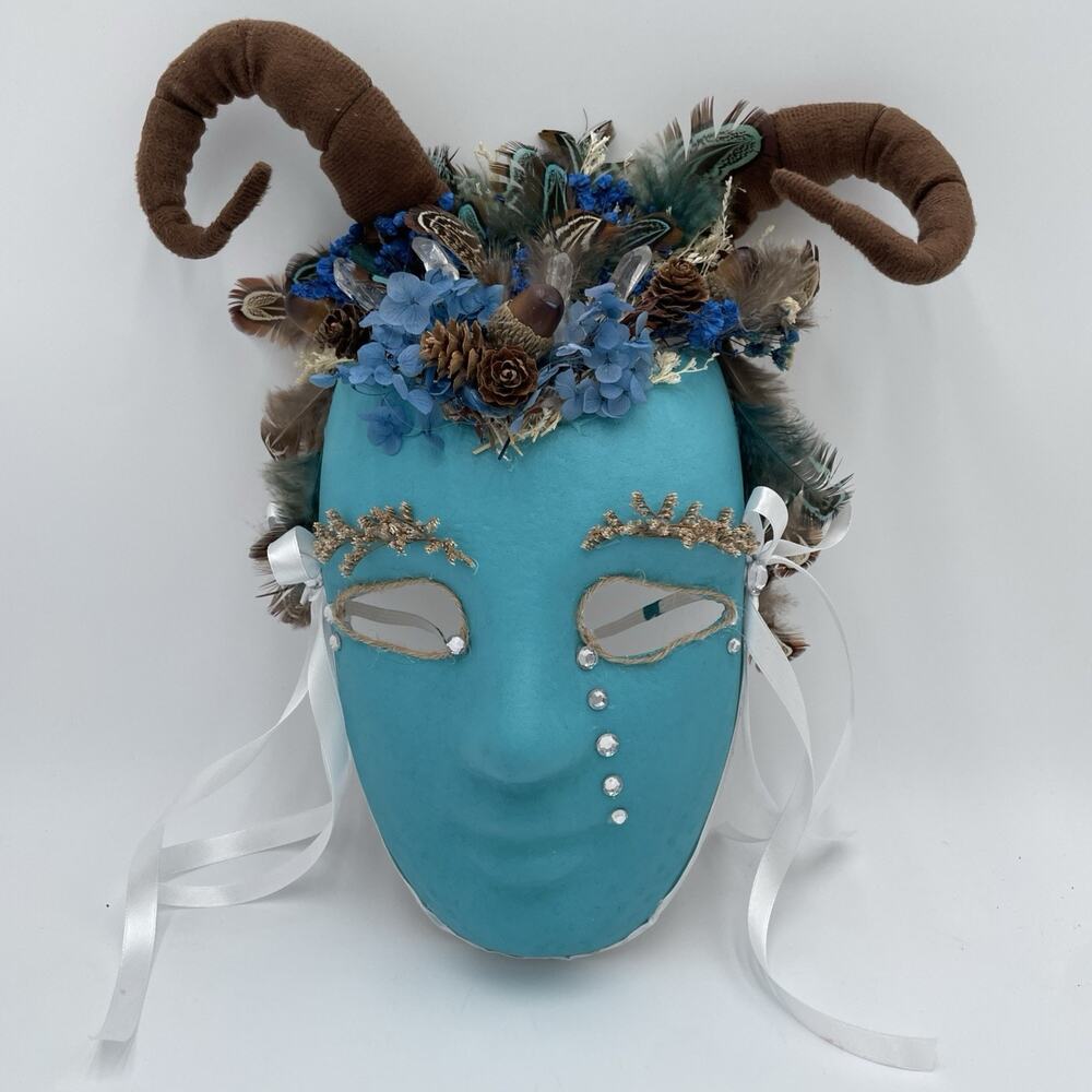 Handcrafted Mask Feathers Velvet Horns Painted Homespun Decor Halloween